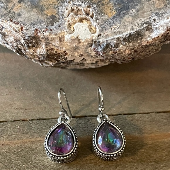 Mystic Topaz Drop Purple, Green, Silver Boho Rainbow Gemstone Retro Earrings - Picture 4 of 9